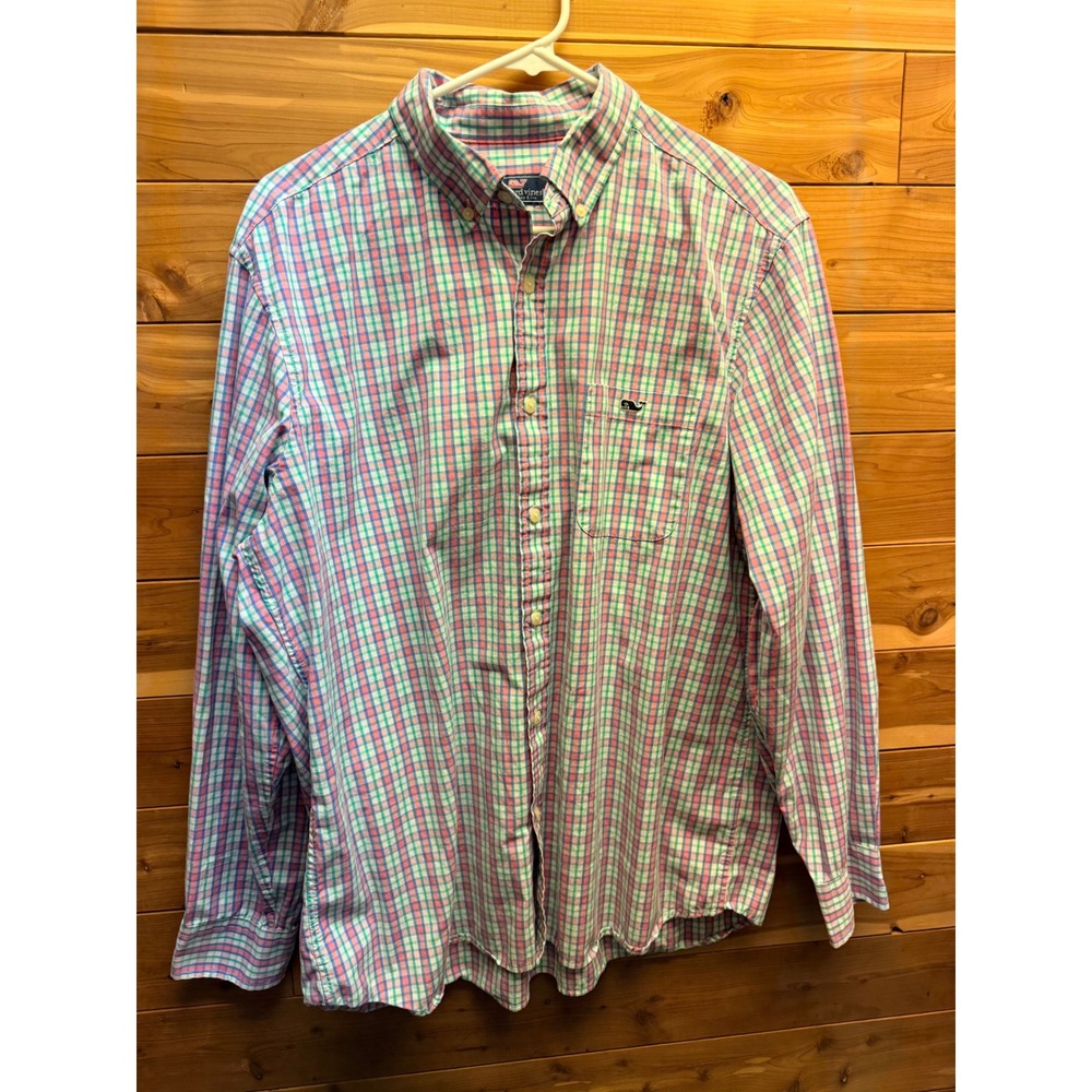 Vineyard Vines Mens LARGE Pink Blue Green Plaid Button Down Shirt 1W011313